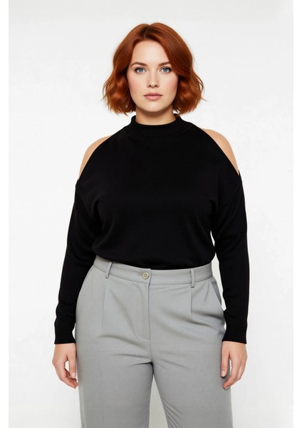 Kadın Relaxed Kalıp Dik Yaka Düşük Uzun Kollu Omzu Açık Detaylı Modern Konforlu Triko Kazak fiyatları