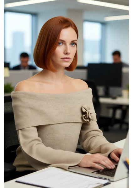 Kadın Carmen Yaka Gül Detaylı Triko Kazak Zarif Şık Regular Kalıp Çan Kol Gündüz Gece Kombin fırsatları