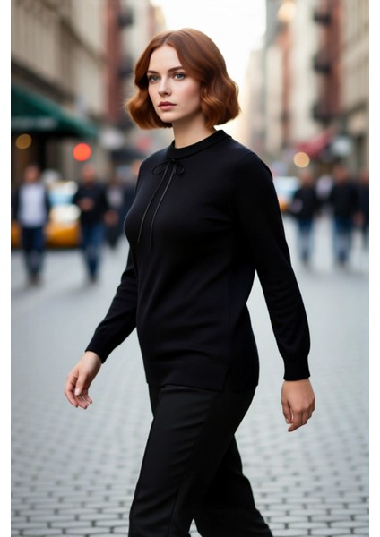 Kadın Dantel Yakalı Kurdele Fiyonk Detaylı Siyah Regular Akrilik Triko Kazak Şık Günlük Stile Uygun