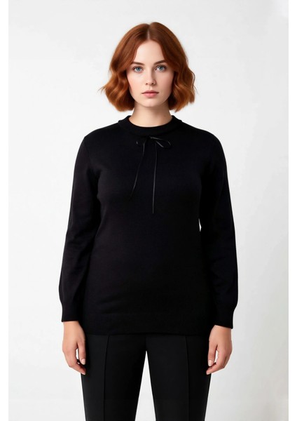 Kadın Dantel Yakalı Kurdele Fiyonk Detaylı Siyah Regular Akrilik Triko Kazak Şık Günlük Stile Uygun fiyatları