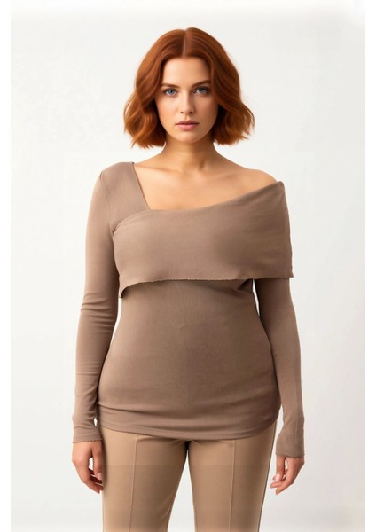 Kadın Asimetrik Yaka Uzun Kollu Modern Triko Kazak Şık Gündüz Gece Kombinleri Için Konforlu ve Zarif fiyatları