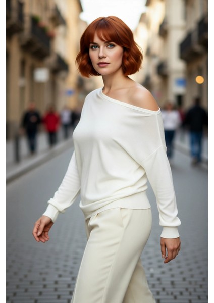 Kadın Carmen Yaka Düz Triko Kazak Ince Yapısı ile Ilkbahar Sonbahar Günlük Şıklığı Sunar Kaliteli