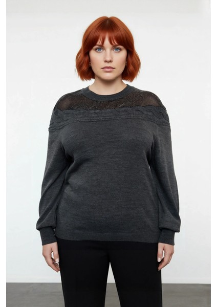 Kadın Antrasit Saç Örgü Detaylı Şık Bisiklet Yaka Triko Kazak Kış Günleri Için Ideal Uzun Kollu fiyatları