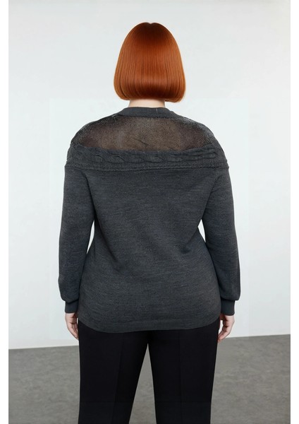 Kadın Antrasit Saç Örgü Detaylı Şık Bisiklet Yaka Triko Kazak Kış Günleri Için Ideal Uzun Kollu fırsatları