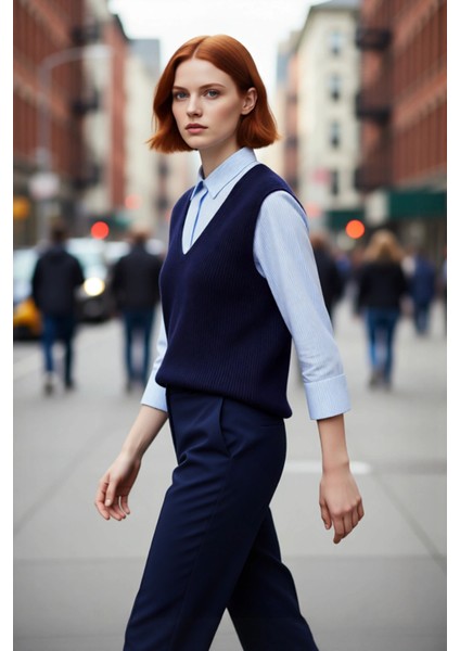 Kadın Relaxed Kalıp V Yaka Çizgili Gömlek Detaylı Uzun Kollu Selanik Dokuma Triko Kazak Kışlık