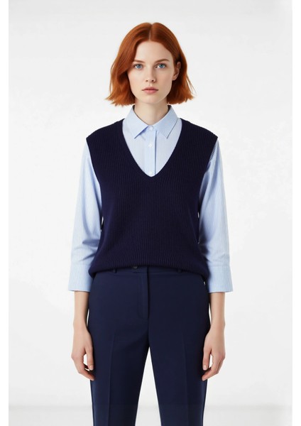 Kadın Relaxed Kalıp V Yaka Çizgili Gömlek Detaylı Uzun Kollu Selanik Dokuma Triko Kazak Kışlık fiyatları