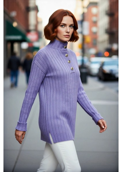 Kadın Ekru Relaxed Fit Düğmeli Yaka Düşük Kol Triko Kazak Kış Günleri Için Ideal Şıklık Kaliteli