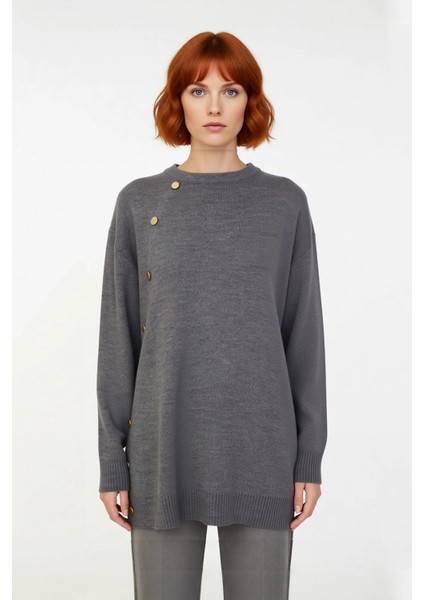 Kadın Regular Kalıp Düz Düşük Kol Bisiklet Yaka Akrilik Triko Kazak Şık Altın Düğmeli Kışlık Stil fiyatları