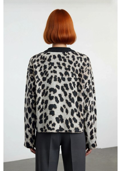 Modern Kadın Oversize Triko Leopar Desenli Bisiklet Yaka Kazak Günlük Tarz Soğuk Havalar Için fiyatları