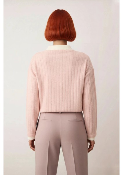 Kadın Tesettür Pembe Renk Bloklu Regular Kalıp Ribana Triko Polo Yaka Düşük Kol Kazak Kaliteli fırsatları