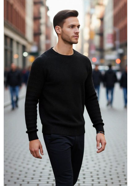 Erkek Fitted Kesim Dokulu Triko Bisiklet Yaka Uzun Kollu Basic Akrilik Kazak Kış Sezonu Için Şık ve