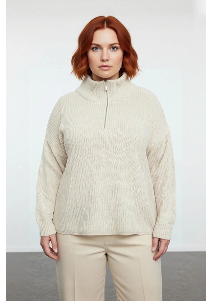 Kadın Kışlık Regular Kalıp Düz Desen Düşük Kol Fermuarlı Dik Yaka Akrilik Triko Kazak Kaliteli