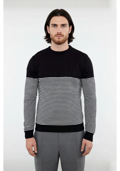 Erkek Slim Fit Bisiklet Yaka Çizgili Triko Kazak Kış Günleri Için Modern ve Rahat Bir Seçenek fiyatları