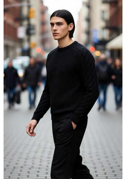 Unisex Casual Regular Fit Bisiklet Yaka Saç Örgü Desenli Kalın Triko Kazak Kış Kombinleri Için Ideal