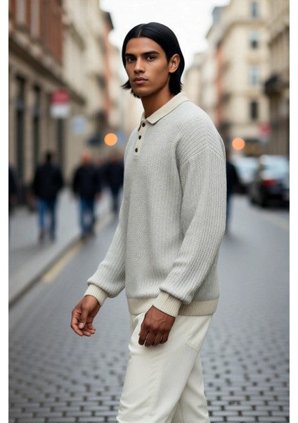 Erkek Regular Kalıp Polo Yaka Dokulu Desenli Uzun Kollu Akrilik Triko Kazak Kış Günleri Için Ideal