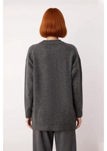 Kadınlara Özel Regular Kalıp Düşük Kol Bisiklet Yaka Taş Detaylı Şık Triko Kışlık Kazak Kaliteli fırsatları