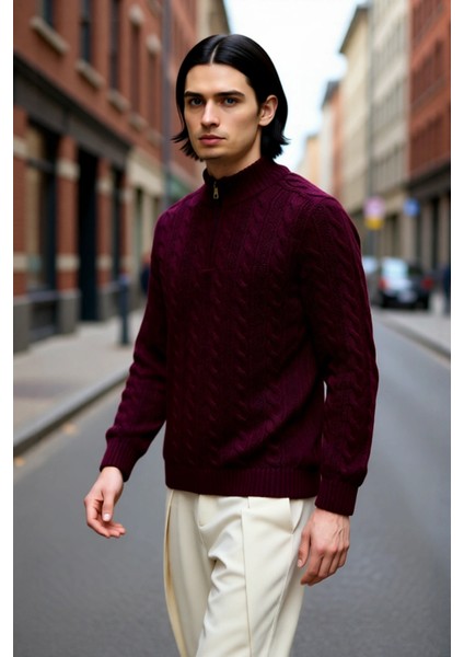 Unisex Regular Fit Fermuarlı Yarım Balıkçı Yaka Kalın Saç Örgü Triko Kazak Kışlık Kombinlerinize