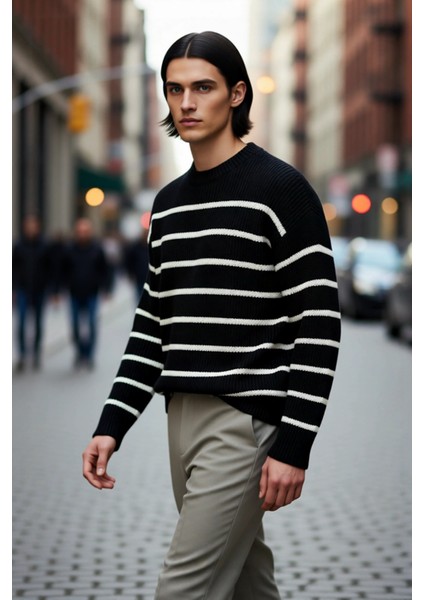 Erkek Oversize Bisiklet Yaka Çizgili Selanik Dokuma Kalın Akrilik Kışlık Kazak Konforlu Stil