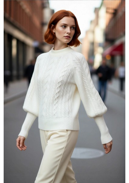 Kadın Regular Kalıp Saç Örgü Desen Dik Yaka Balon Kol Triko Kazak Günlük Şıklık Sunar Kışa Özel