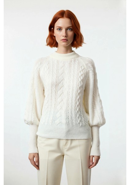 Kadın Regular Kalıp Saç Örgü Desen Dik Yaka Balon Kol Triko Kazak Günlük Şıklık Sunar Kışa Özel fiyatları