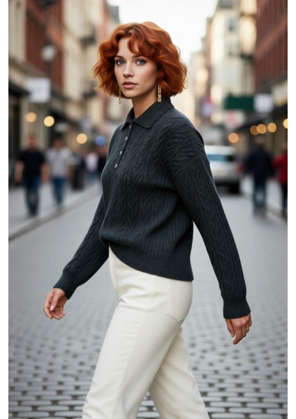 Kadın Oversize Saç Örgü Polo Yaka Triko Kazak Düşük Uzun Kollu Kışlık Rahat Basic Şıklık Kaliteli