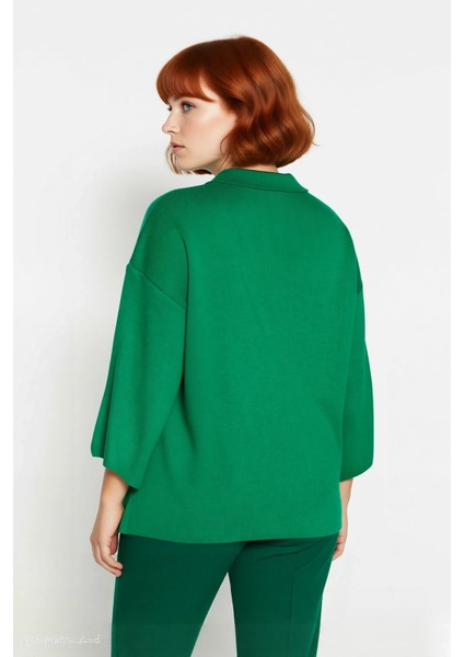 Kadın Relaxed Kalıp Polo Yaka Fermuar Detaylı Düşük Kollu Truvakar Triko Kazak Büyük Beden Rahat fırsatları