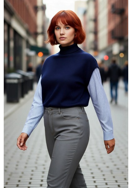 Kadın Relaxed Kalıp Dik Yaka Kolsuz Triko Süveter Şık ve Konforlu Günlük Basic Akrilik Kışlık