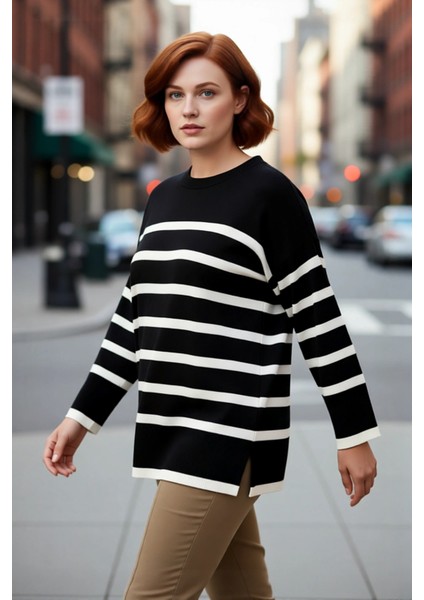 Kadın Relaxed Kalıp Çizgili Bisiklet Yaka Uzun Kol Triko Kazak Kış Sezonu Için Şık ve Konforlu