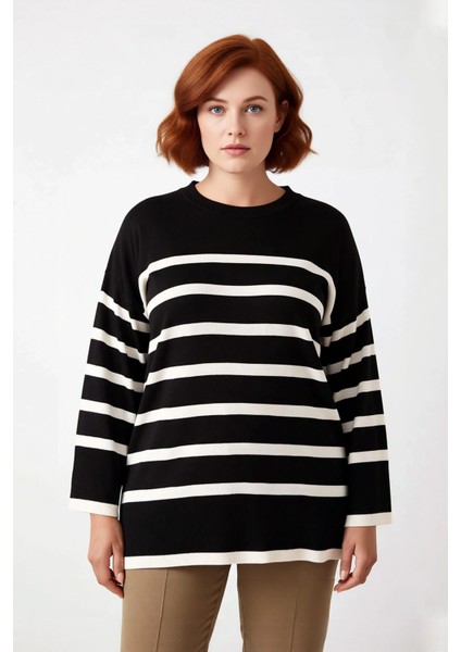 Kadın Relaxed Kalıp Çizgili Bisiklet Yaka Uzun Kol Triko Kazak Kış Sezonu Için Şık ve Konforlu fiyatları