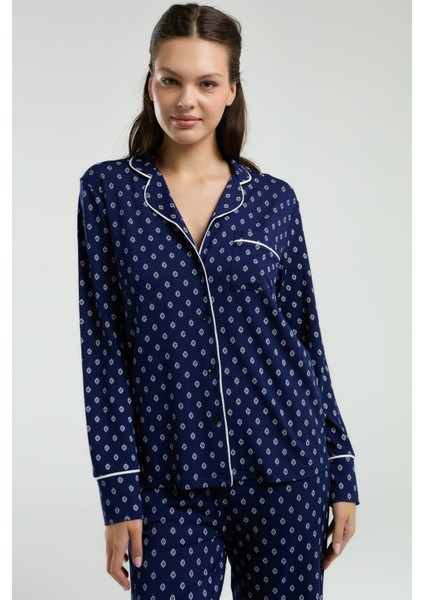 Viskon & Likralı, Önden Düğmeli, Uzun Kollu, Gömlek Yaka, Cepli, Kadın Pijama Takımı -8950
