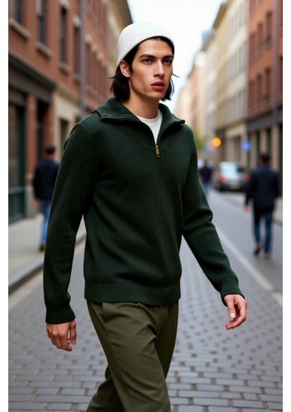 Erkek Regular Fit Fermuarlı Dik Yaka Kalın Triko Kazak Yünlü Karışım Kışlık Günlük Konfor Için Ideal