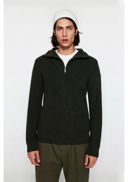 Erkek Regular Fit Fermuarlı Dik Yaka Kalın Triko Kazak Yünlü Karışım Kışlık Günlük Konfor Için Ideal fiyatları