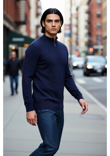 Erkek Regular Fit Pamuklu Akrilik Karışımlı Yarım Balıkçı Fermuarlı Triko Kazak Kışlık Şıklık