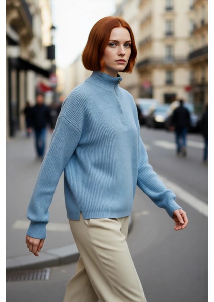 Kadın Oversize Düşük Kol Fermuarlı Dik Yaka Triko Selanik Örgü Basic Uzun Kollu Kazak Kaliteli