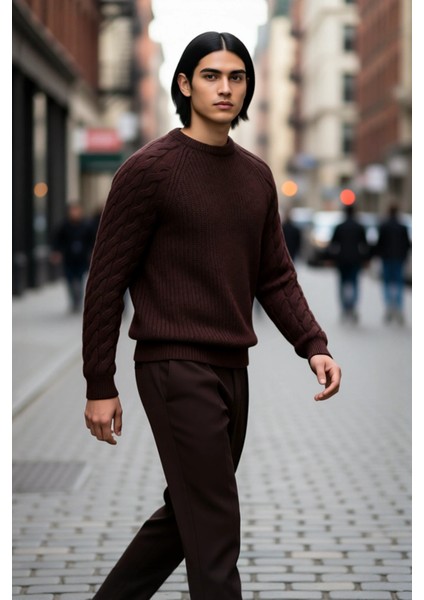 Unisex Casual Regular Fit Bisiklet Yaka Saç Örgü Desenli Kalın Triko Kazak Kış Kombinleri Için Ideal