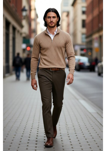 Erkek Regular Fit Pamuklu Akrilik Karışımlı Yarım Balıkçı Fermuarlı Triko Kazak Kışlık Şıklık