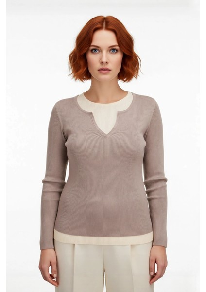 Kadın Bej Fitted Fitilli Triko Kazak Ince Yapılı Çift Katman Görünümlü Ilkbahar Sonbahar Için Ideal fiyatları