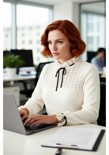 Kadın Regular Kalıp Akrilik Ajurlu Dik Yaka Düşük Kol Yumuşak Dokulu Triko Kazak Kurdele Fiyonklu modelleri