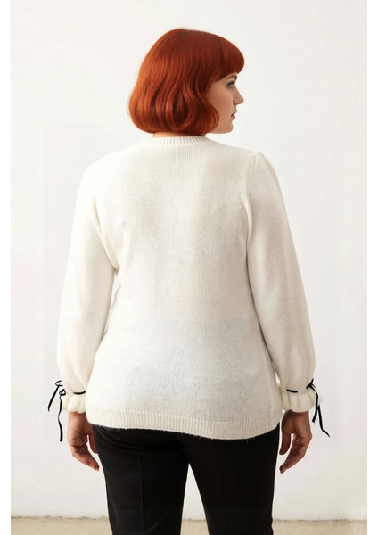 Kadın Regular Kalıp Akrilik Ajurlu Dik Yaka Düşük Kol Yumuşak Dokulu Triko Kazak Kurdele Fiyonklu fırsatları