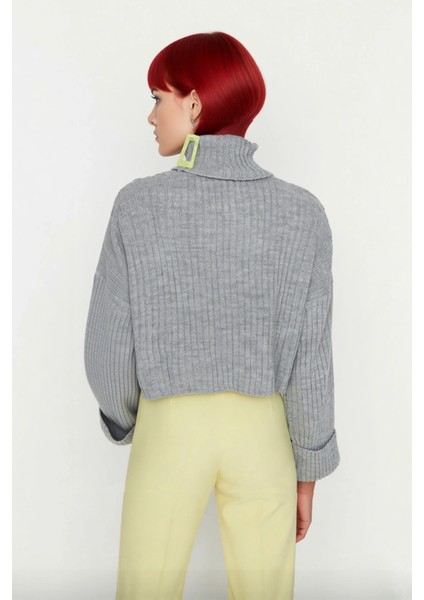 Kadın Oversize Super Crop Balıkçı Yaka Uzun Kollu Akrilik Triko Kazak Kışlık Günlük Şıklık fırsatları