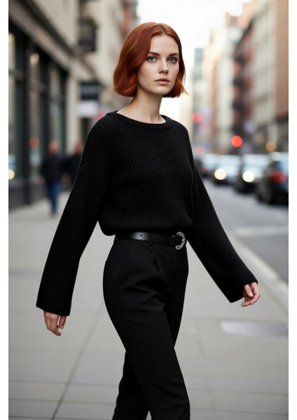 Kadın Oversize Gri Akrilik Selanik Dokuma Super Crop Ispanyol Kol Triko Kazak Günlük Stilinize