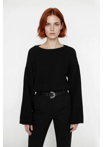 Kadın Oversize Gri Akrilik Selanik Dokuma Super Crop Ispanyol Kol Triko Kazak Günlük Stilinize fiyatları