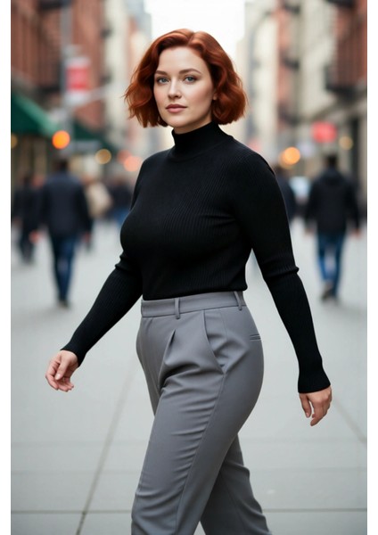 Kadın Fitted Dik Yaka Uzun Kollu Fitilli Ince Akrilik Triko Kazak Günlük Şıklık Sunar Modern Basic