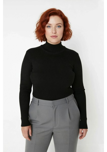 Kadın Fitted Dik Yaka Uzun Kollu Fitilli Ince Akrilik Triko Kazak Günlük Şıklık Sunar Modern Basic fiyatları