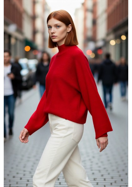 Kadın Oversize Dik Yaka Ispanyol Kol Akrilik Triko Kazak Soğuk Havalarda Rahat ve Şık Kaliteli