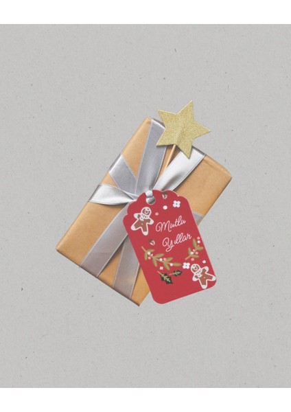 Mutlu Yıllar Yazılı Hediye Etiketi, Yeniyıl Ginger Man Paketleme Kartı, 50 Adet-4,5x7.5cm, Kırmızı modelleri