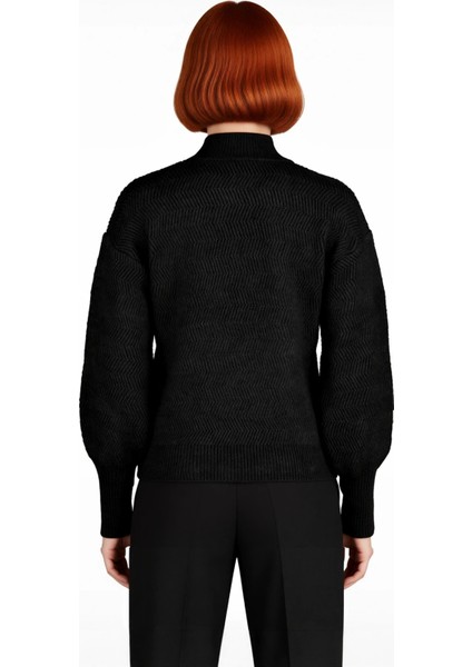 Kadın Oversize Balon Kol Dik Yaka Triko Kazak Kışa Özel Zigzag Desenli Rahat Şıklık Sunar Kaliteli fırsatları