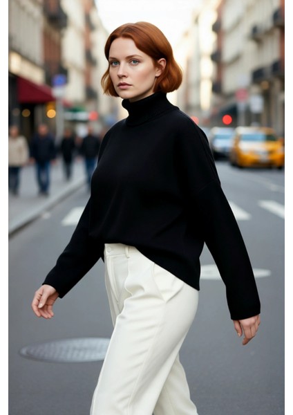 Kadın Balıkçı Yaka Düşük Kollu Akrilik Triko Kazak Kış Günleri Için Rahat Geniş Kalıp Kaliteli