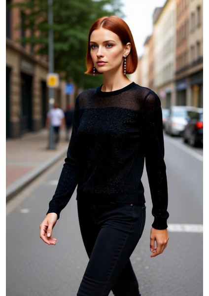 Kadın Simli Transparan Detaylı Bisiklet Yaka Ince Triko Kazak Ilkbahar Sonbahar Günlük Şıklık