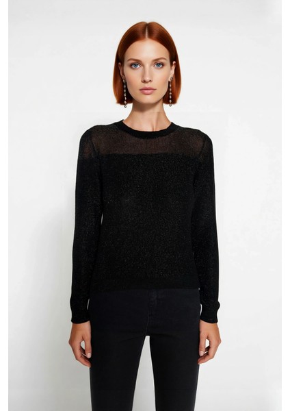 Kadın Simli Transparan Detaylı Bisiklet Yaka Ince Triko Kazak Ilkbahar Sonbahar Günlük Şıklık fiyatları